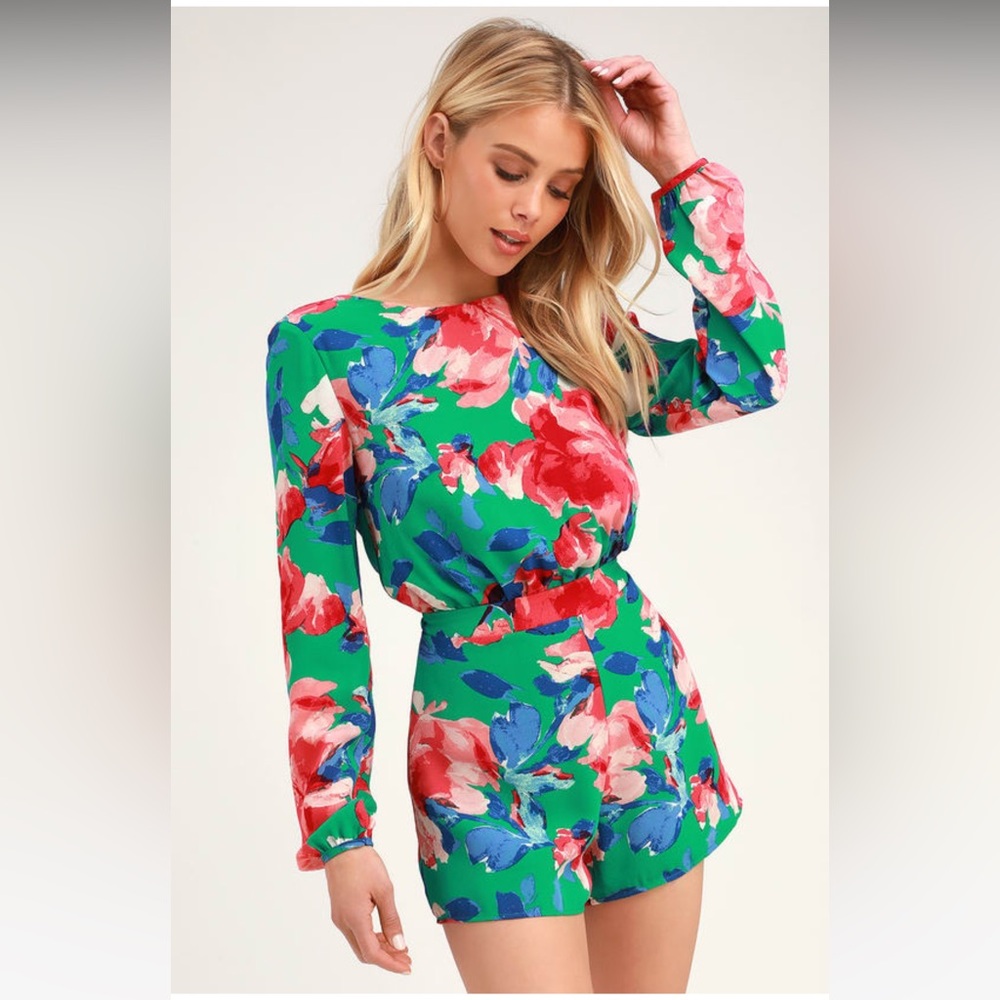 Lulus Sweetest Song Green Floral Print Backless Long Sleeve Romper